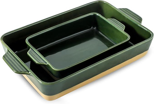 Ceramic Baking Casserole Dish with Handles, Large 9x13 inch Pan and Middle Baking Pan - Porcelain Serving Bakeware Set (Forest Green) by Howise