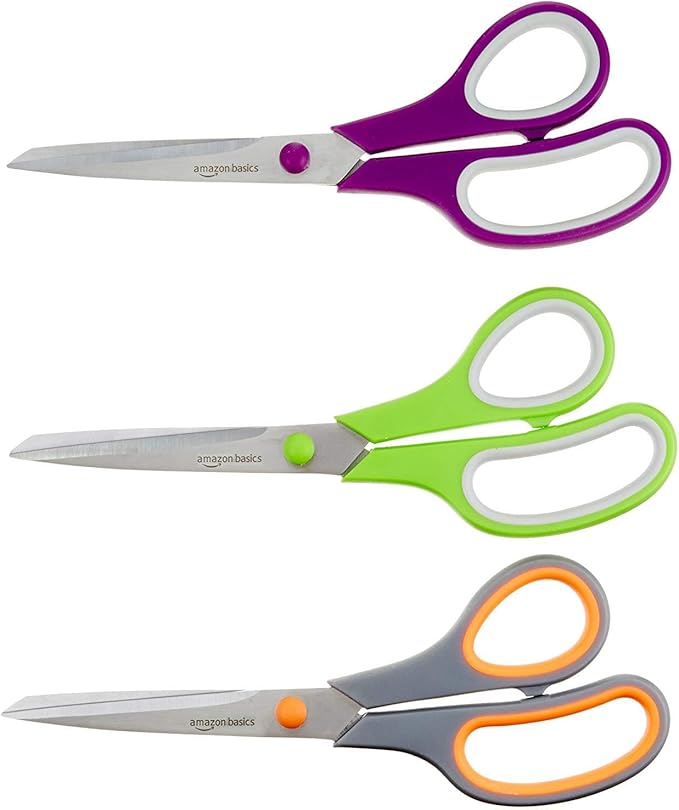 Amazon Basics Multipurpose Stainless Steel Scissors for Office, Crafts, Right/Left Handed, Comfort Grip, PVD Coated, 3-Pack, Multicolor by AmazonBasics