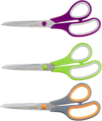 Amazon Basics Multipurpose Stainless Steel Scissors for Office, Crafts, Right/Left Handed, Comfort Grip, PVD Coated, 3-Pack, Multicolor by AmazonBasics