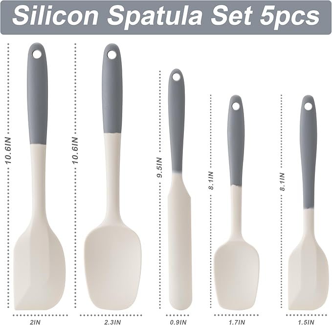 Silicone Spatula Set, 5 Piece Food Grade Rubber Spatulas for Baking, Cooking, and Mixing High Heat Resistant Non Stick Dishwasher Safe BPA-Free (Gray+White) - Image 2