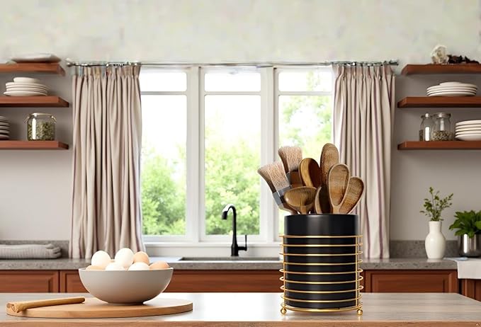 Dining Utensil Holder Cooking Utensil Holder,Gold Ring Metal Frame and Black Ceramics