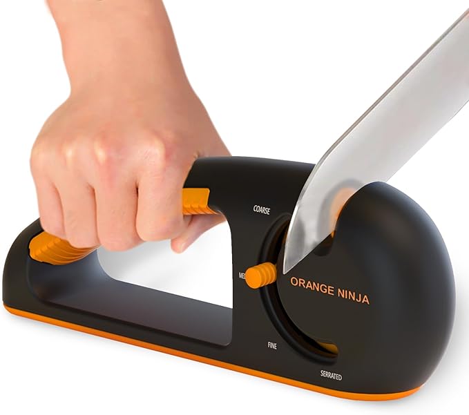 Orange Ninja 4-Stage Knife Sharpener & Serrated Knife Sharpener– Repairs, Sharpens & Polishes Blades with Ergonomic Non-Slip Grip by SharpPebble