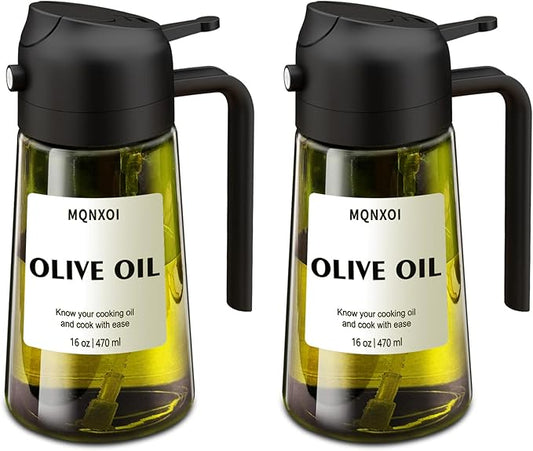 mqnxoi 2 in 1 Glass Oil Sprayer & Dispenser,16oz/470ml Olive Cooking, Air Fryer, and Salad, for Kitchen Gadgets and Air Fryer Accessories, w/Stickers (Black + Dark Green Bottle 2) by Unknown