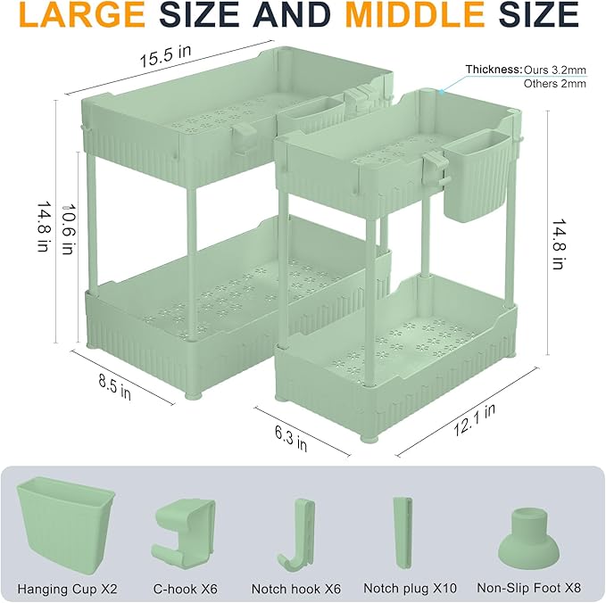 Sevenblue 2 Pack Under Sink Organizer, Under Bathroom Cabinet Organizer with Hooks Hanging Cup, Multi-Purpose Storage Shelf for Kitchen Bathroom (Green, 14.8 Inch) - Image 5
