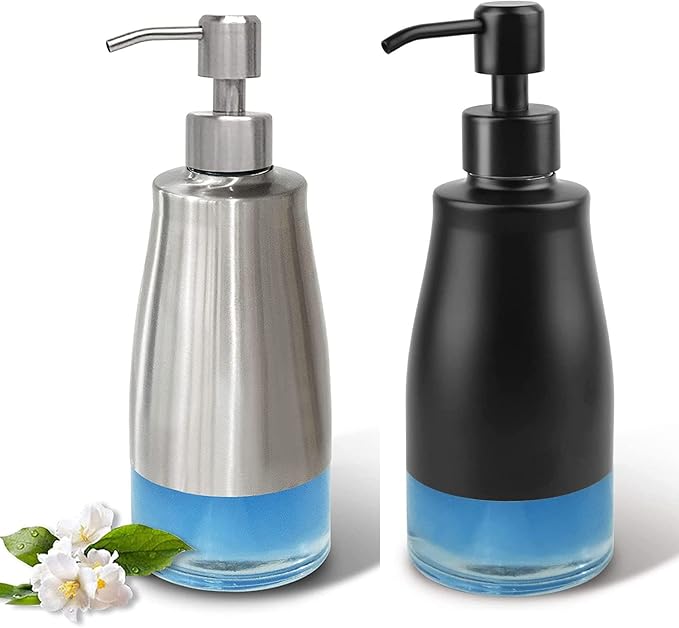 AUMIO 2 Pack Soap Dispenser Stainless Steel Case Glass Liner Hand Pump Dispenser, Refillable Liquid Hand Soap Dispenser for Bathroom & Kitchen - Brushed Nickel, Silver & Black by AUMIO