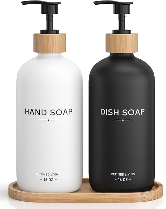 Hand and Dish Soap Dispenser Set,16oz Glass Bottles with Printed Labels, Bamboo Tray & Pump,Countertop Soap Dispensers for Kitchen,Luxury, Minimalist & Farmhouse Decor (Hand Dish (Black/White)) by Aeakey