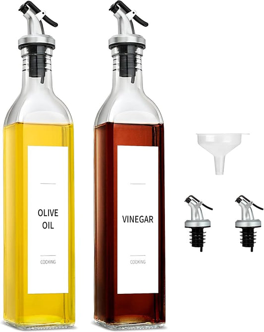 gmisun Olive Oil and Vinegar Dispenser Bottle Set, 2 Pack Oil and Vinegar Dispenser Bottle, 17oz Kitchen Oil Dispenser, Glass Cooking Oil Dispenser, Clear Glass Bottles for Oil with Funnel and Labels by GMISUN