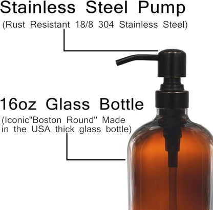 2 Pack 16 Ounce Boston Round Glass Bottles Soap Dispenser with Oil Rubbed Bronze Stainless Steel Pumps - Image 3