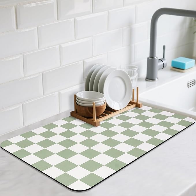 CooRug Checkered Dish Drying Mat for Kitchen Counter, Absorbent Non-Slip Coffee Mat, Heat Resistant Mat for Countertops Coffee Bar Decor 16" x 24" Green by CooRug