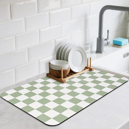 CooRug Checkered Dish Drying Mat for Kitchen Counter, Absorbent Non-Slip Coffee Mat, Heat Resistant Mat for Countertops Coffee Bar Decor 16" x 24" Green by CooRug