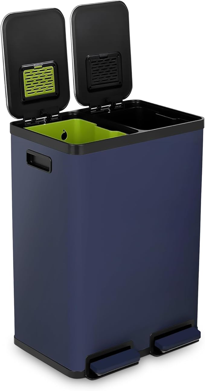 Simpli-Magic 60 Liter / 16 Gallon Rectangular Hands-Free Dual Compartment Recycling Kitchen Step Trash Can with Soft-Close Single Lid, Stainless Steel (30L x 30L Capacity) Blue by Simpli-Magic