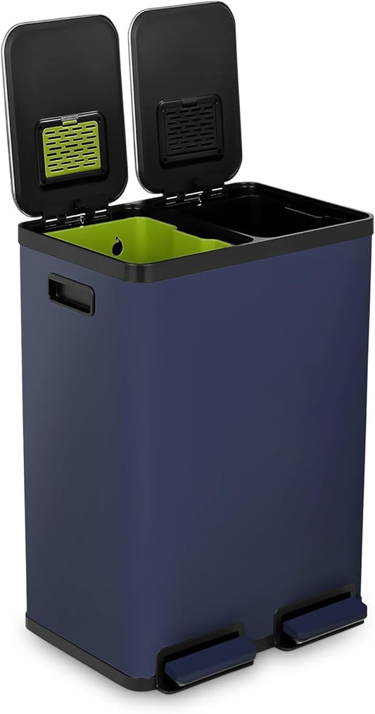 Simpli-Magic 60 Liter / 16 Gallon Rectangular Hands-Free Dual Compartment Recycling Kitchen Step Trash Can with Soft-Close Single Lid, Stainless Steel (30L x 30L Capacity) Blue by Simpli-Magic