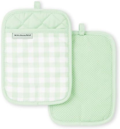 KitchenAid Gingham Pot Holder 2-Pack Set, Pistachio, 7"x10"