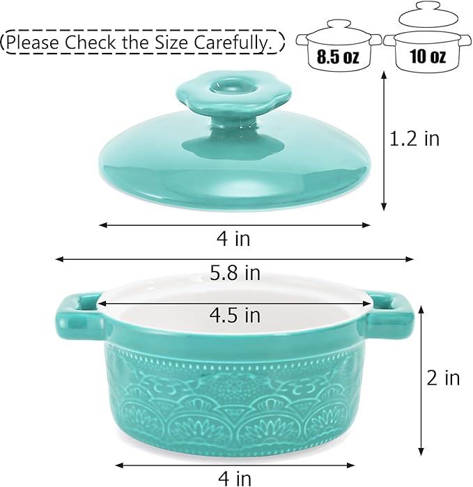 Hacaroa Set of 6 Mini Cocotte with Lid, 8 Oz Ceramic Ramekins with Handles, Small Casserole Dishes Individual Serving Pot for Baking, Soufflé, Soup, Cobbler, Oven Safe, 6 Colors