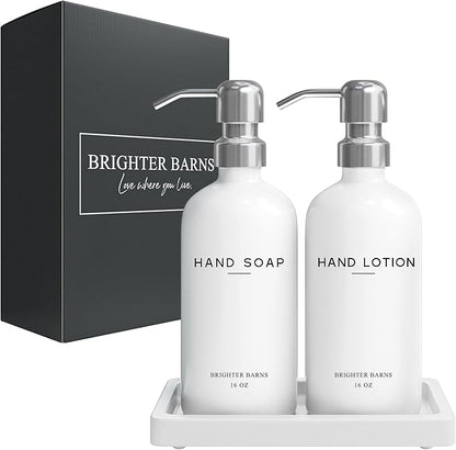 White Glass Soap and Lotion Dispenser Set by Brighter Barns - Bathroom Soap Dispenser Set Tray - Liquid Hand Soap Dispenser Pump - Modern Bathroom Accessories for Guest, Hotel, Spa, Restaurant (White) - Image 8