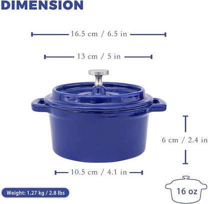 Flavehc Mini Cocotte 16 oz Mini Dutch Oven 0.5 qt. Cast Iron Garlic Roaster for Oven Garlic Confit Pot Ramekins with Lids Oven Safe Set of 2, Blue