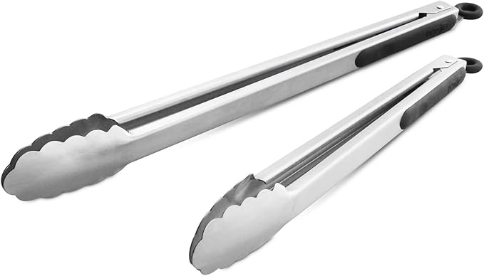 304 Stainless Steel Kitchen Cooking Tongs, 12" and 14" Set of 2 Sturdy Grilling Barbeque Brushed Locking Food Tongs with Ergonomic Grip, Black by ALLWIN-HOUSEWARE