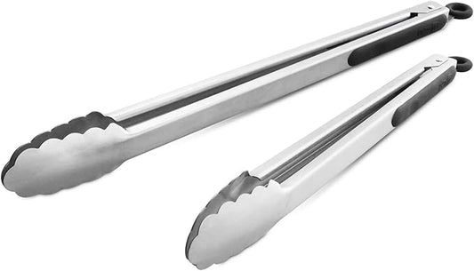 304 Stainless Steel Kitchen Cooking Tongs, 12" and 14" Set of 2 Sturdy Grilling Barbeque Brushed Locking Food Tongs with Ergonomic Grip, Black by ALLWIN-HOUSEWARE