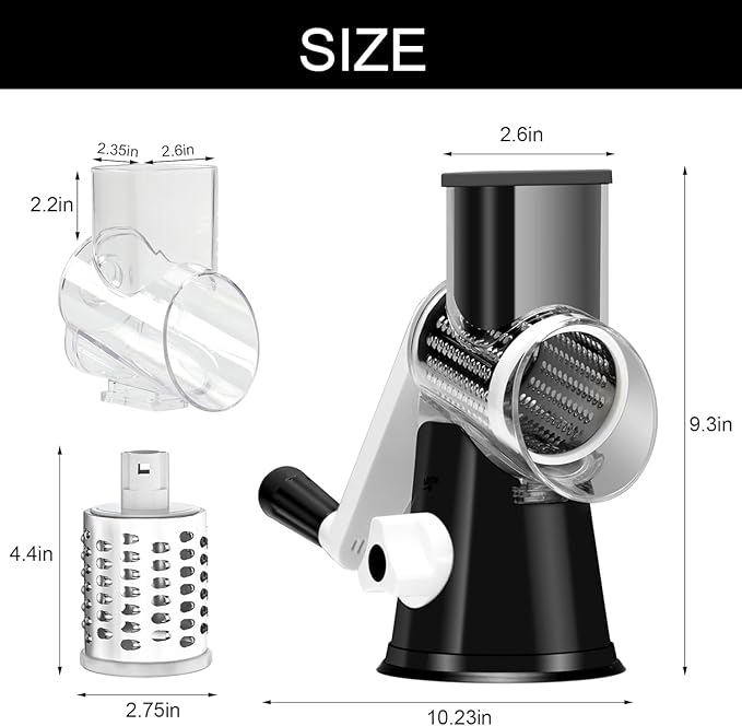 Cambom Rotary Cheese Grater Hand Crank Cheese Shredder for Fresh Cheese, Vegetable, Nuts,Non-slip Suction Base, Three Blades, Black - Image 5