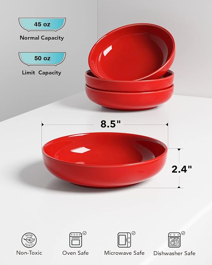 LE TAUCI Pasta Bowls 45 oz, Salad Bowls Set for Serving Soup, Pasta, Noodle, Dinner, Large Kitchen Bowl Plates, Microwave Safe - 8.5 Inch, Set of 4, Red - Image 5