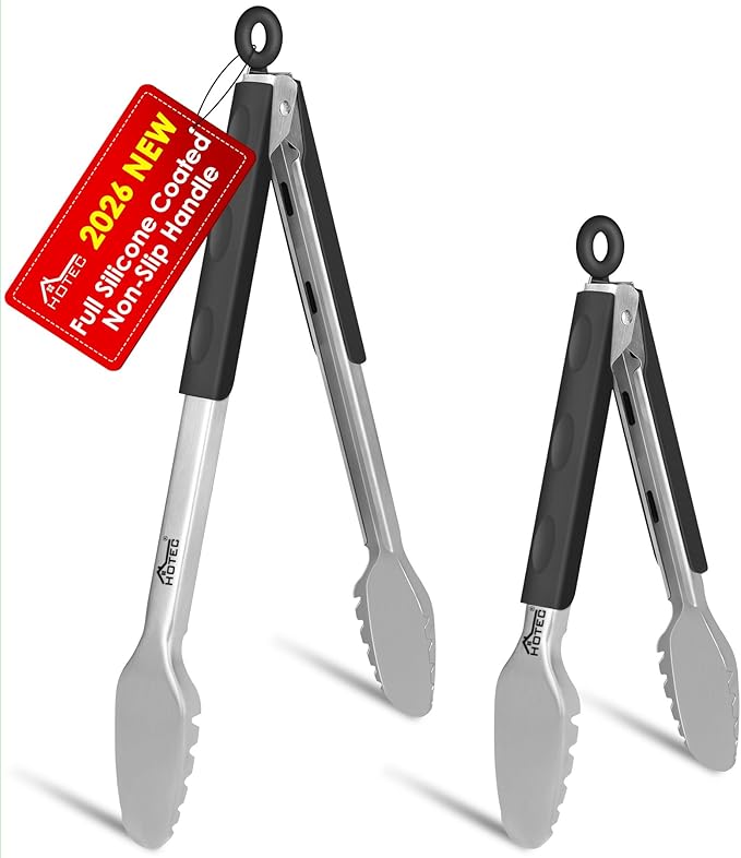 Hotec Stainless Steel Kitchen Tongs, Set of 2-9" and 12", Locking Metal Food Tongs for Cooking, Serving, BBQ, Grill Non-Slip Grip by Hotec