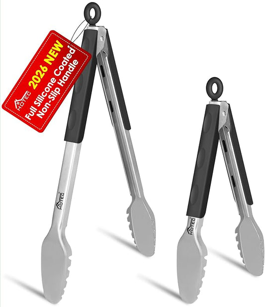 Hotec Stainless Steel Kitchen Tongs, Set of 2-9" and 12", Locking Metal Food Tongs for Cooking, Serving, BBQ, Grill Non-Slip Grip by Hotec