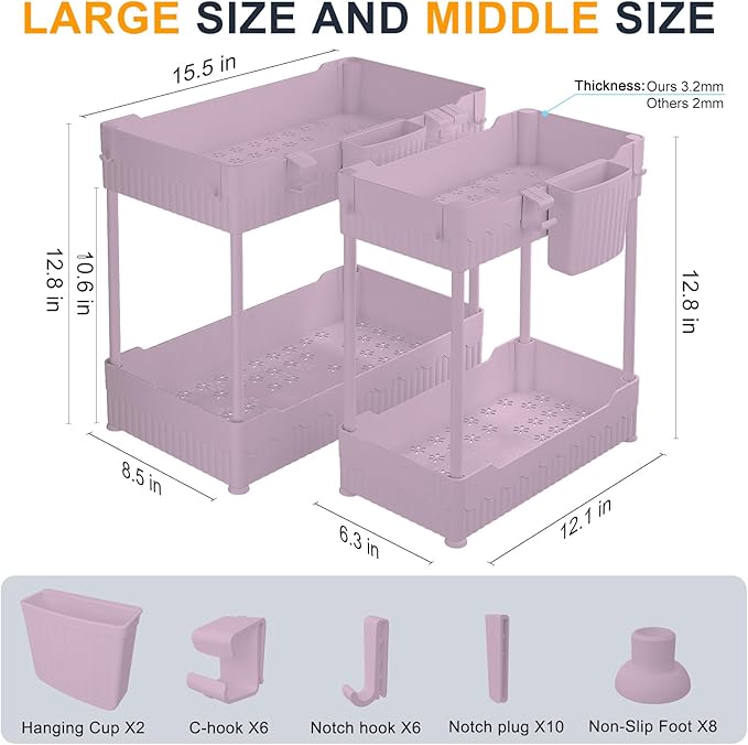 Sevenblue 2 Pack Under Sink Organizer, Under Bathroom Cabinet Organizer with Hooks Hanging Cup, Multi-Purpose Storage Shelf for Kitchen Bathroom (Pink, 12.8 Inch) - Image 5