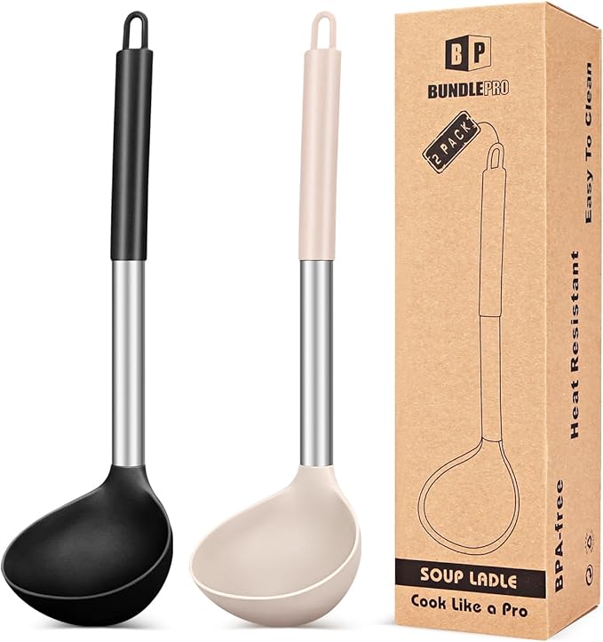 Pack of 2 Ladle Spoon,Silicone Large Spoon for Soup,Non Stick Kitchen Utensils with High Heat Resistant,BPA Free Perfect Kitchen Tools for Cooking, Stirring,Serving Soups (BLACK-KHAKI) by BUNDLEPRO