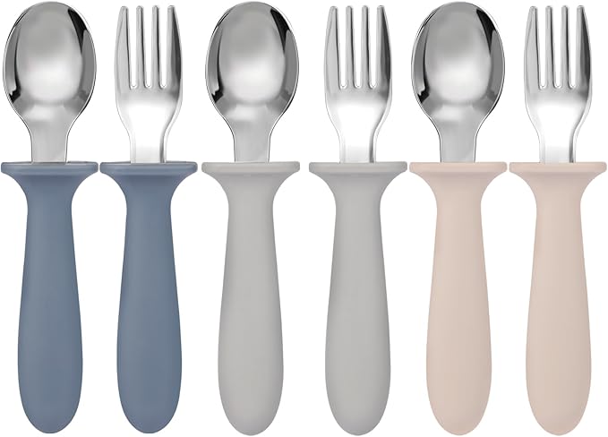 Eascrozn Toddler Forks and Spoons Set, 6 Pack Kids Silverware with Silicone Hand, 18/8 Stainless Steel Children Safe Toddler Utensils, BPA Free, Dishwasher Safe by Eascrozn