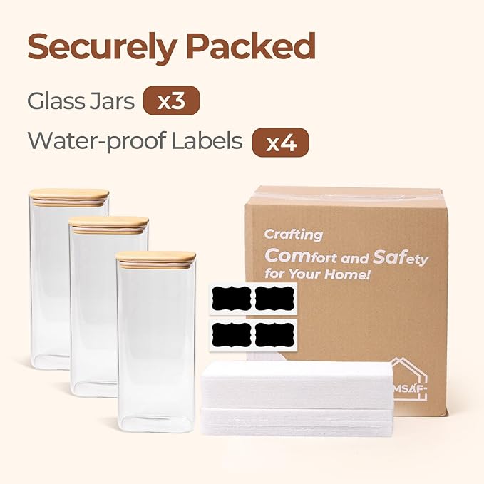 ComSaf 2 Qt Rectangle Glass Storage Containers with Lids, Glass Jars with Bamboo Lids, Clear Food Jar, Square Canister Set of 3, Pantry Organizers and Storage for Flour Pasta Coffee Bean - Image 8
