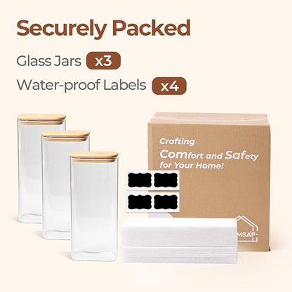 ComSaf 2 Qt Rectangle Glass Storage Containers with Lids, Glass Jars with Bamboo Lids, Clear Food Jar, Square Canister Set of 3, Pantry Organizers and Storage for Flour Pasta Coffee Bean - Image 8