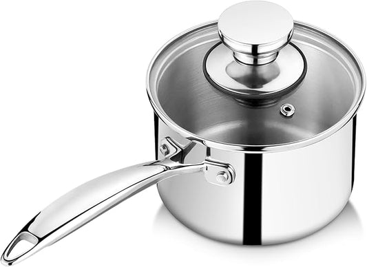 P&P CHEF 1 Quart Tri-Ply Stockpot and Saucepan, Stainless Steel Sauce Pan with Lid, Cooking Induction Pot, Kitchen Cookware for All Stoves, Non-Toxic, Sturdy & Dishwasher Safe, 1 Piece