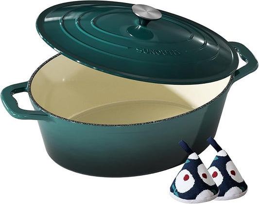 Enameled Cast Iron Dutch Oven - 9.3QT Dutch Oven Pot with Lid & Cotton Potholders - Heavy-Duty Non Stick Casserole Pot for Braising, Stews, Roasting, Baking, Suitable for All Stovetops, Bottle Green by SUNOUTLY