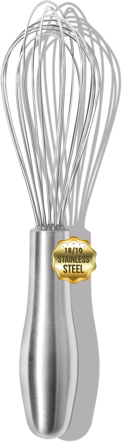 OYV 8" Whisk, Ergonomic Handle, Dishwasher Safe 18/10 Stainless Steel Whisk, Professional Kitchen Metal Wisk, Perfect for Whisking, Blending, Beating, and Baking by OYV