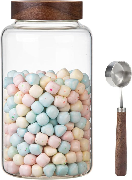 Large Glass Coffee Jars with Spoon,Round Storage Canister with Wooden Lid Clear Glass Food Jar for Pantry Sugar Tea Coffee Bean Spice Nuts Cookies Bath Salts (2300ml/77oz) by Patoper
