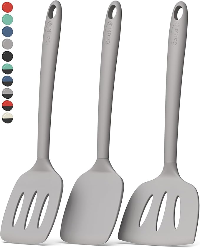Coukre 3 Pack Silicone Spatula Set, High Heat Resistant, BPA-Free, Fish Spatula, Solid & Slotted Turner for Non-Stick Pans, Flipping Eggs, Pancakes, Fish, Burgers (3, PureGray) by Coukre