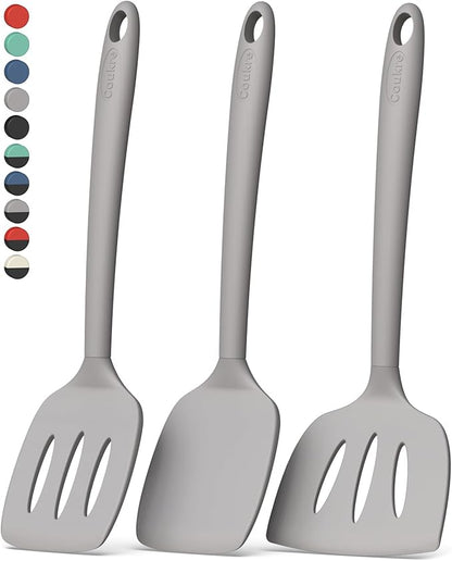 Coukre 3 Pack Silicone Spatula Set, High Heat Resistant, BPA-Free, Fish Spatula, Solid & Slotted Turner for Non-Stick Pans, Flipping Eggs, Pancakes, Fish, Burgers (3, PureGray) by Coukre