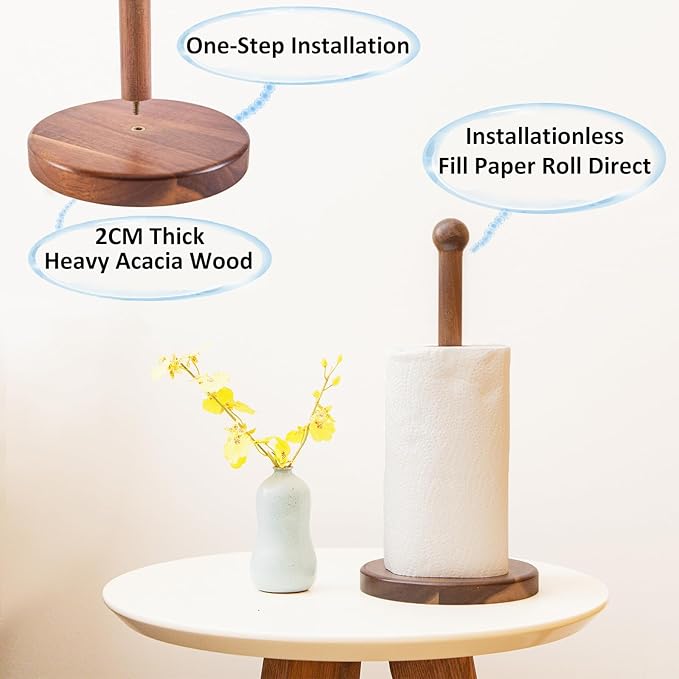 14" Acacia Wooden Paper Towel Holder, 6.7" Large Heavy Base Wooden Kitchen Paper Towel Roll Stand Organizer Free Standing, Rustic Farmhouse Paper Towel Holder Stand, Standing Paper Towel Roll Holders