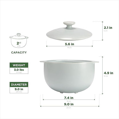 MINH LONG 2-Qt Porcelain Dutch Oven with Lid – Lead & Cadmium Free, Oven Safe to 482°F, Heat Retention, Clay Pot for Cooking on Gas & Infrared Cooktop, Use to Marinate, Cook, Bake, Refrigerate & Serve