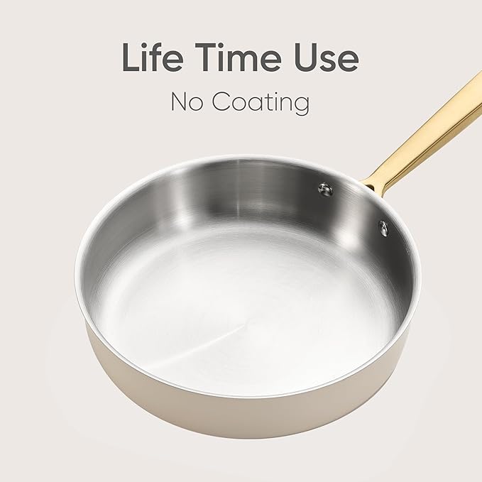 CAROTE 10" Stainless Steel Frying Pan with Lid, Outer Ceramic Layer, Non-Toxic, Even Heating，Oven Safe, Induction, Ceramic and Gas Cooktops Compatible, White - Image 4