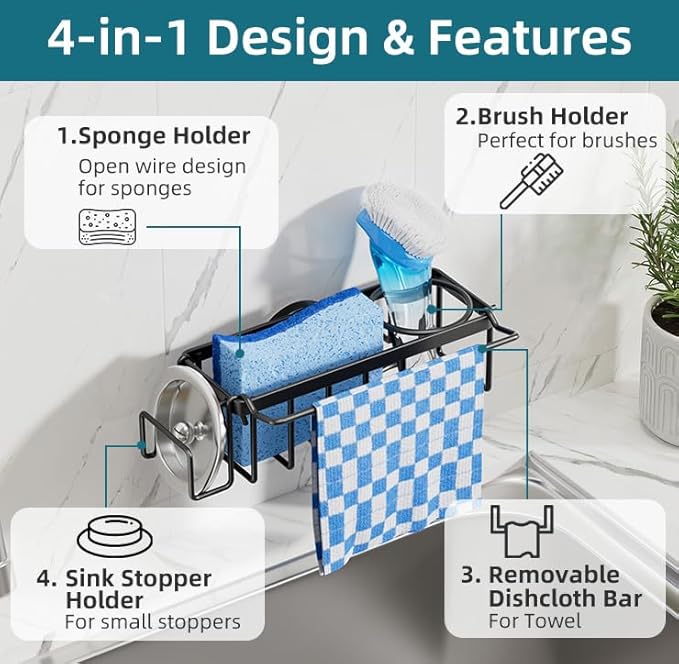 TAILI 4-in-1 Sink Caddy with Strong Suction Cup, Sponge Holder for Kitchen Sink Organizer, Removable, Rustproof, Stainless Steel Holder for Sponge, Brush, Scrubber, Scraper - Black - Image 5