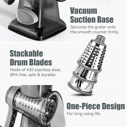 KEOUKE Rotary Cheese Grater Pro 6 in 1 - Shredder Crinkle Slicer Grinder Ice Shaver, Stable Suction, Time-saving Easy Use & Clean, Safe Morden Kitchen Tool for Cheese, Vegetable, Nuts, Chocolate - Image 7