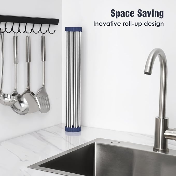 Tomorotec 21" x 15.5" Roll Up Dish Drying Rack Over Sink Drying Rack Sink Cover Kitchen Sink Accessories Gadget Multipurpose Organizer Foldable Stainless Steel Drainer - Image 3
