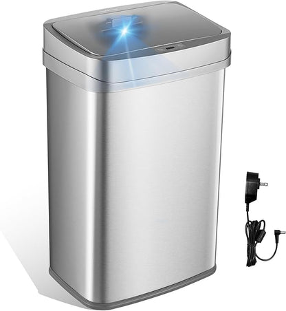Ninestars 13 Gallon Odor Neutralizing Smart Trash Can, UV + Ozone Dual Purification, Odor Control Motion Sensor Garbage Bin, Universal Power Adapter, ONT-50-81SL Stainless Steel, Silver, Nova Series by NINESTARS