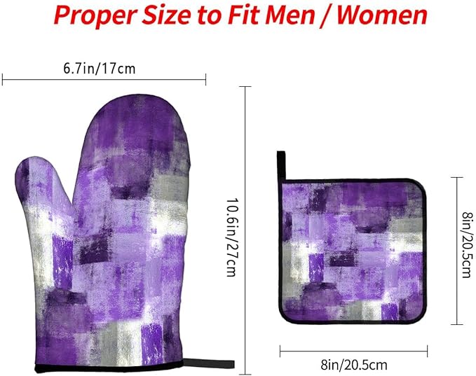 LOKMU Oven Mitts and Pot Holders Set of 3, Purple and Grey White Abstract Art Heat Resistant Kitchen Gloves Hot Pads for Cooking Baking BBQ, Kitchen Decor Gifts for Cooking Lover Cooks