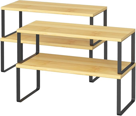 NEX Kitchen Cabinet and Counter Shelf Organizer, Stackable & Expandable, Set of 4, Black and Natural - 7.7 x 15.6 x 6.2'' by NEX