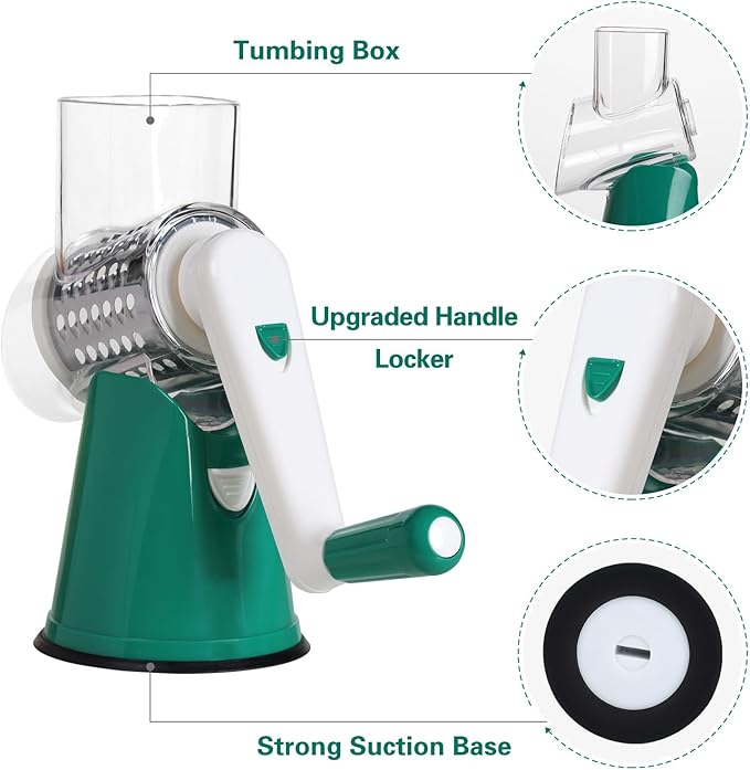 Cambom Rotary Cheese Grater Hand Crank Cheese Shredder for Fresh Cheese, Vegetable, Nuts,Non-slip Suction Base, Free Cleaning Brush Three Blades, Deep Green - Image 7