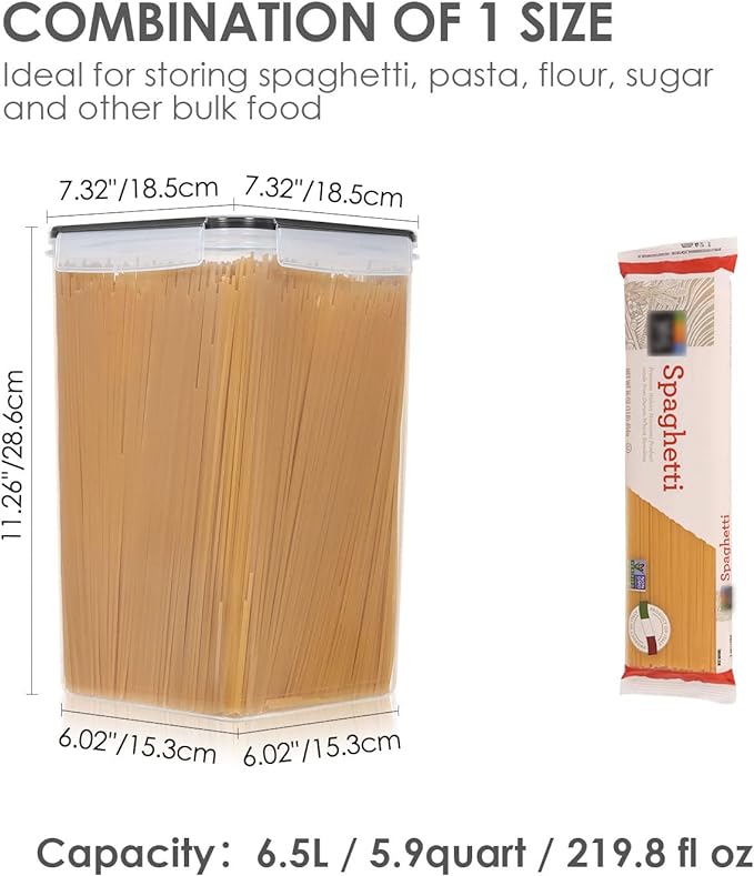 Vtopmart Extra Large Tall Airtight Food Storage Containers, 4 Pieces 5.9qt/6.5L Plastic PBA Free Kitchen Pantry Canister for Spaghetti, Flour and Baking Supplies, with 24 Labels, Black - Image 2