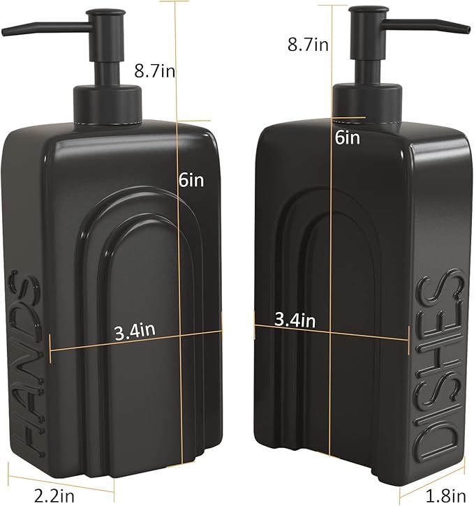 Soap Dispenser Set with Stainless Steel Pump, 2 Pack Ceramic Refillable Dish Soap and Hand Soap Dispenser for Kitchen, Bathroom, Matte Black - Image 5
