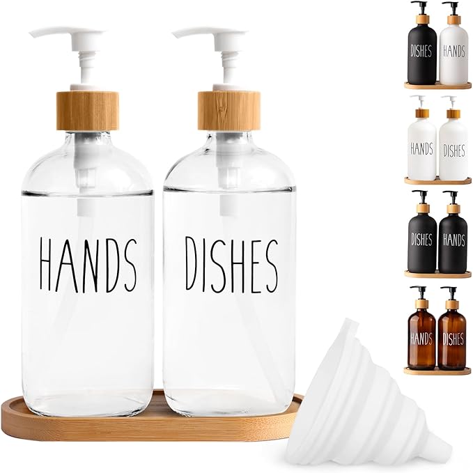 LOOCHICA Clear Glass Soap Dispenser Set with Tray, Transparent Dish and Hand Soap Dispenser Set, Refillable Reusable Apothecary Soap Pump Dispenser Bottles for Bathroom and Kitchen by Loochica